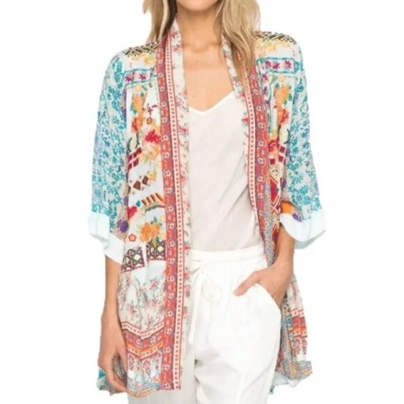 Johnny Was Tops - Johnny Was Floral Multicolor Kimono, 100% silk, embroidered, size M